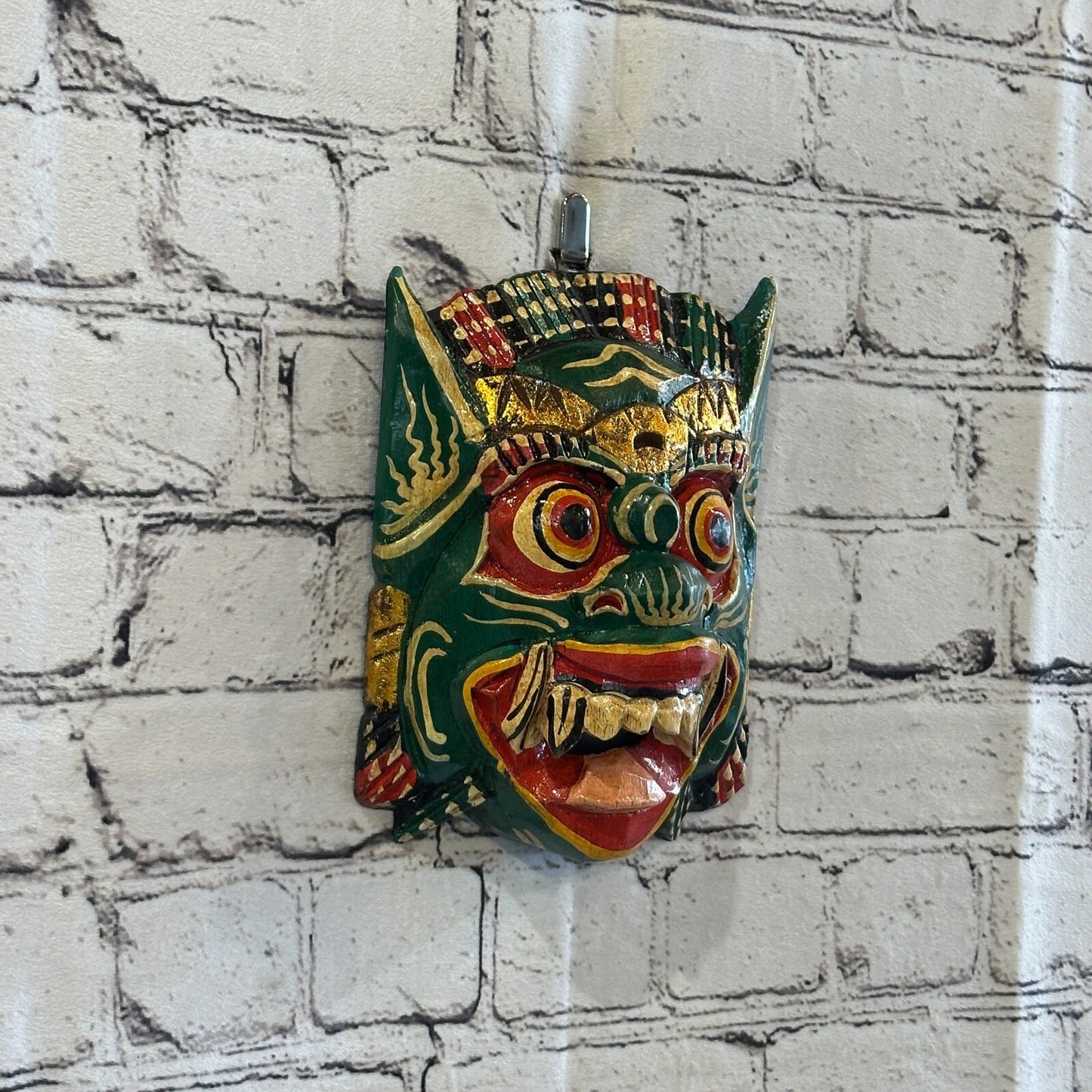 Large Wooden Green Barong Wall Mask 18cm x 18cm Handmade And Fairtrade Hindu