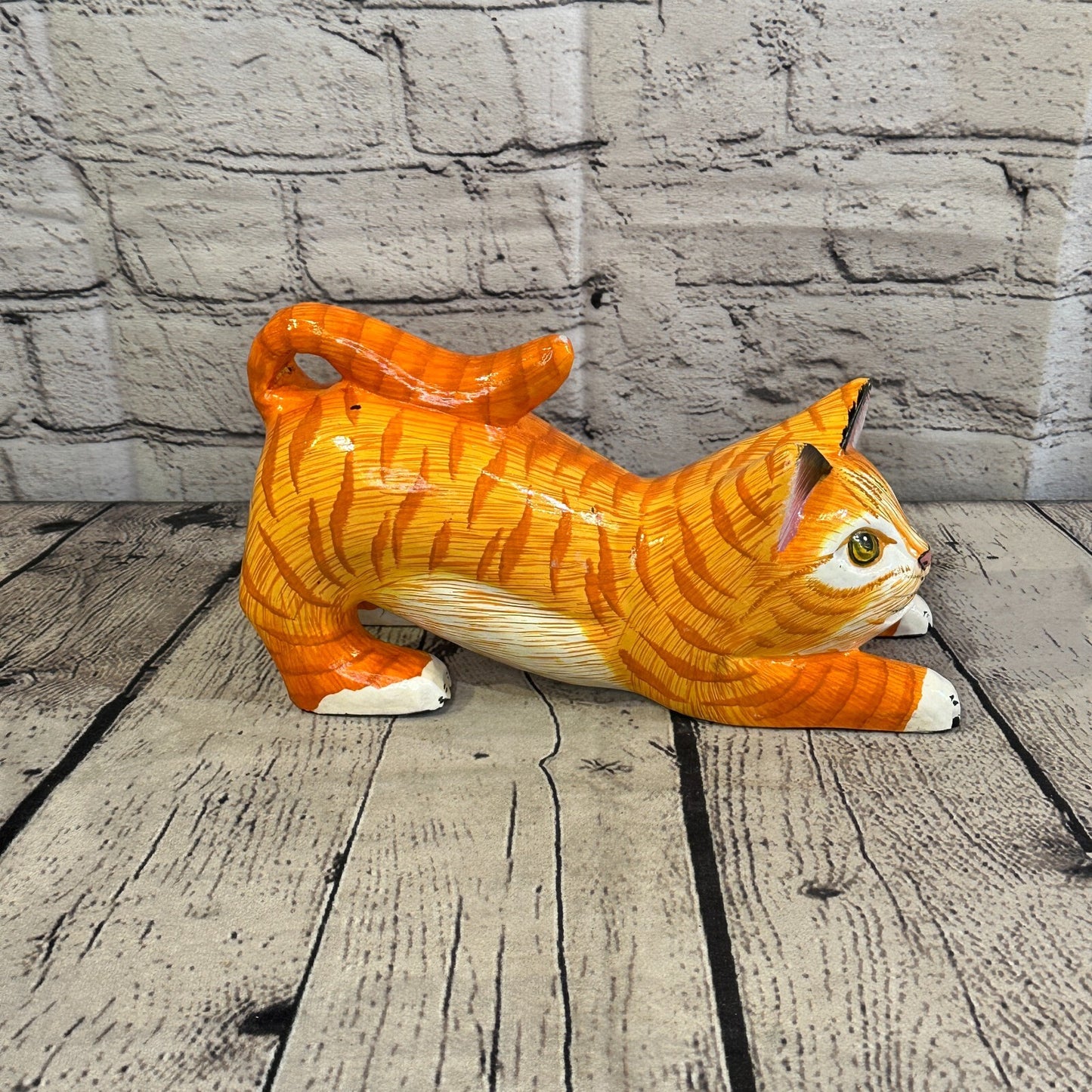 22cm x 14cm Orange Tabby Style Painted Wooden Hand Carved Stretching Cat Wooden