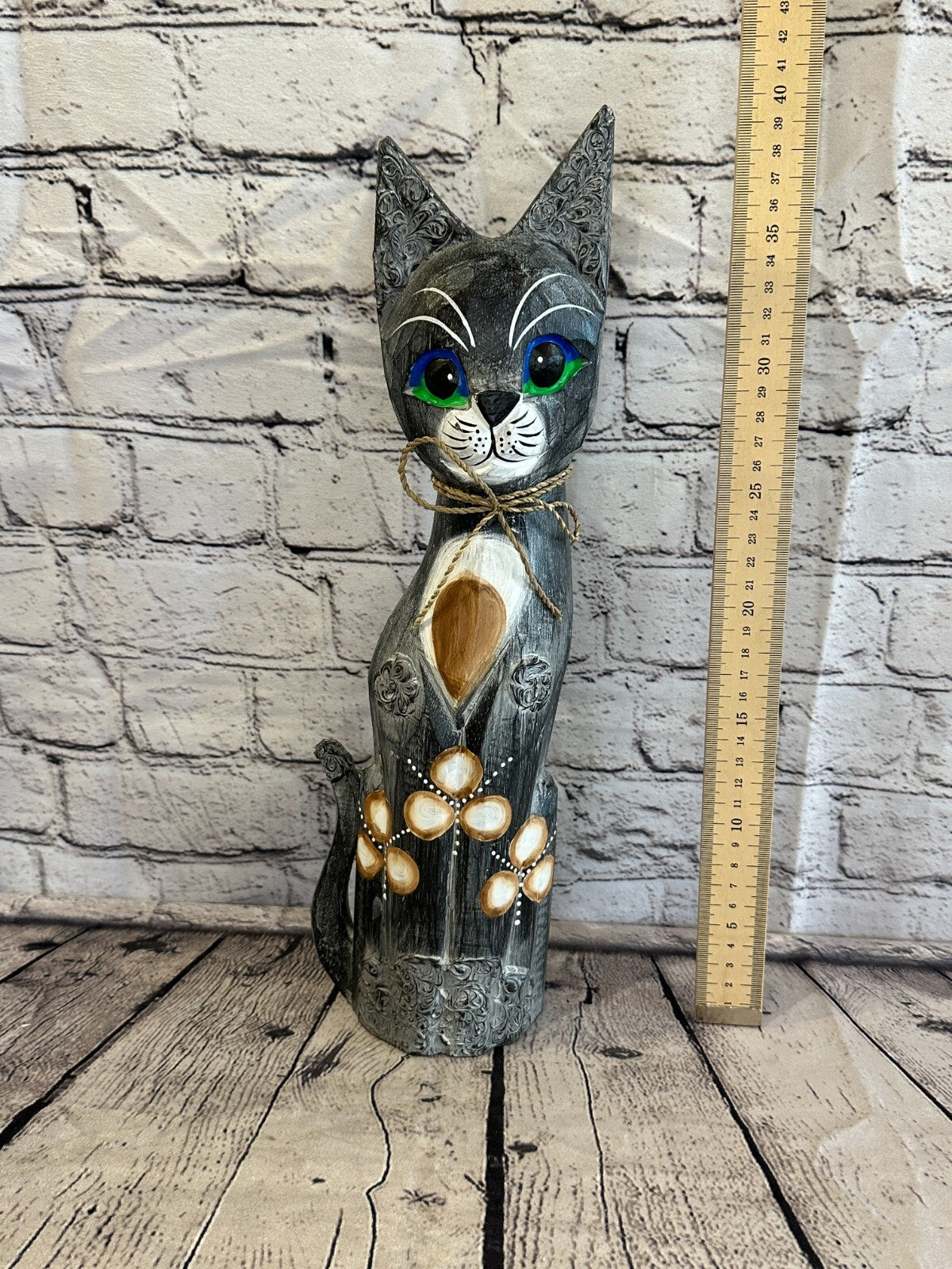 40cm Grey Swirl Flower Wooden Shabby Cat Statue Ornament Fair Trade Handcarved