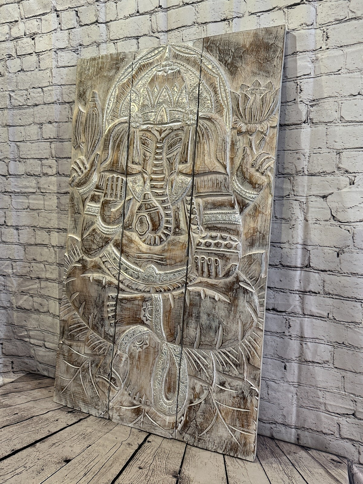 100cm x 60cm Ganesh White Panel Wooden Wood Panel Wall Art Plaque Handcarved