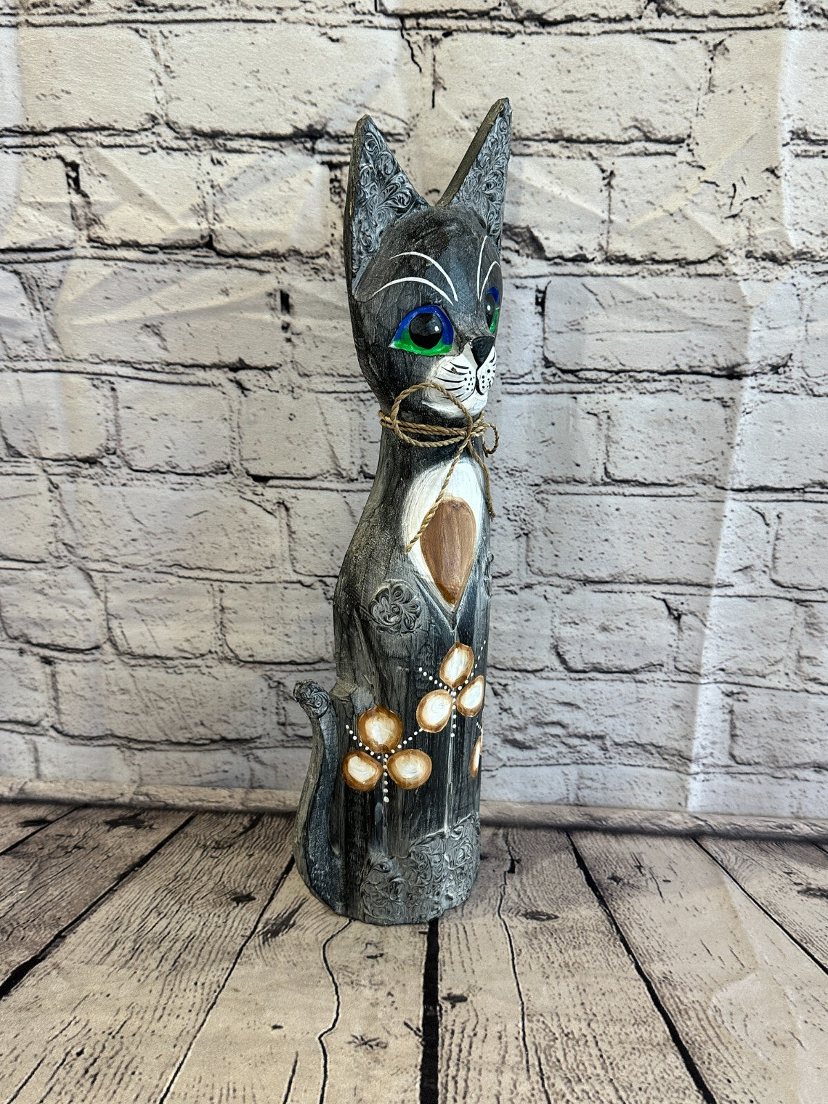 40cm Grey Swirl Flower Wooden Shabby Cat Statue Ornament Fair Trade Handcarved