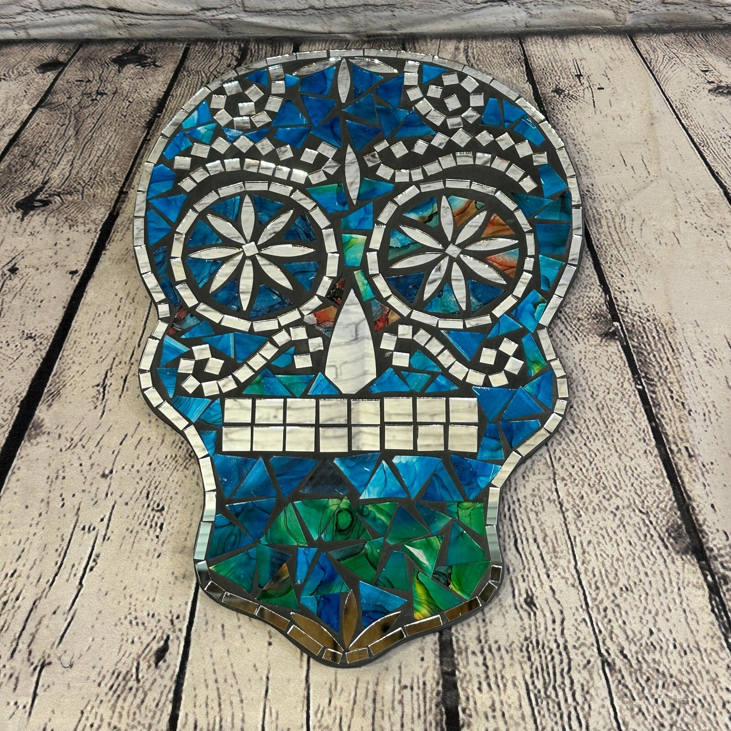 Blue Skull Mosaic Tile Wall Mirror 40cm x 28cm 16 Inches Handmade New