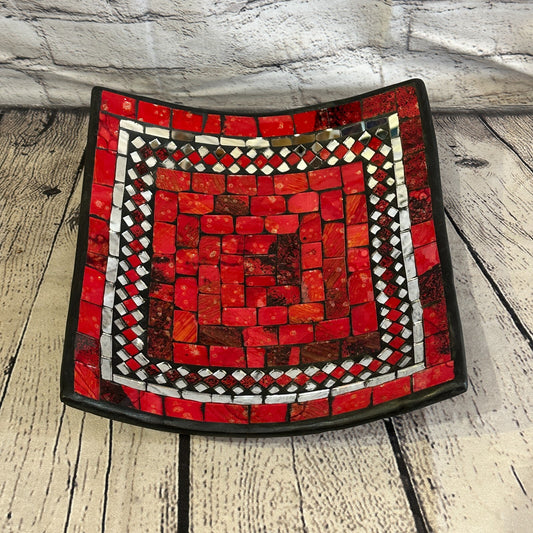 25cm Red Square Mosaic Handmade Ceramic Glass Tile Bowl Fruit