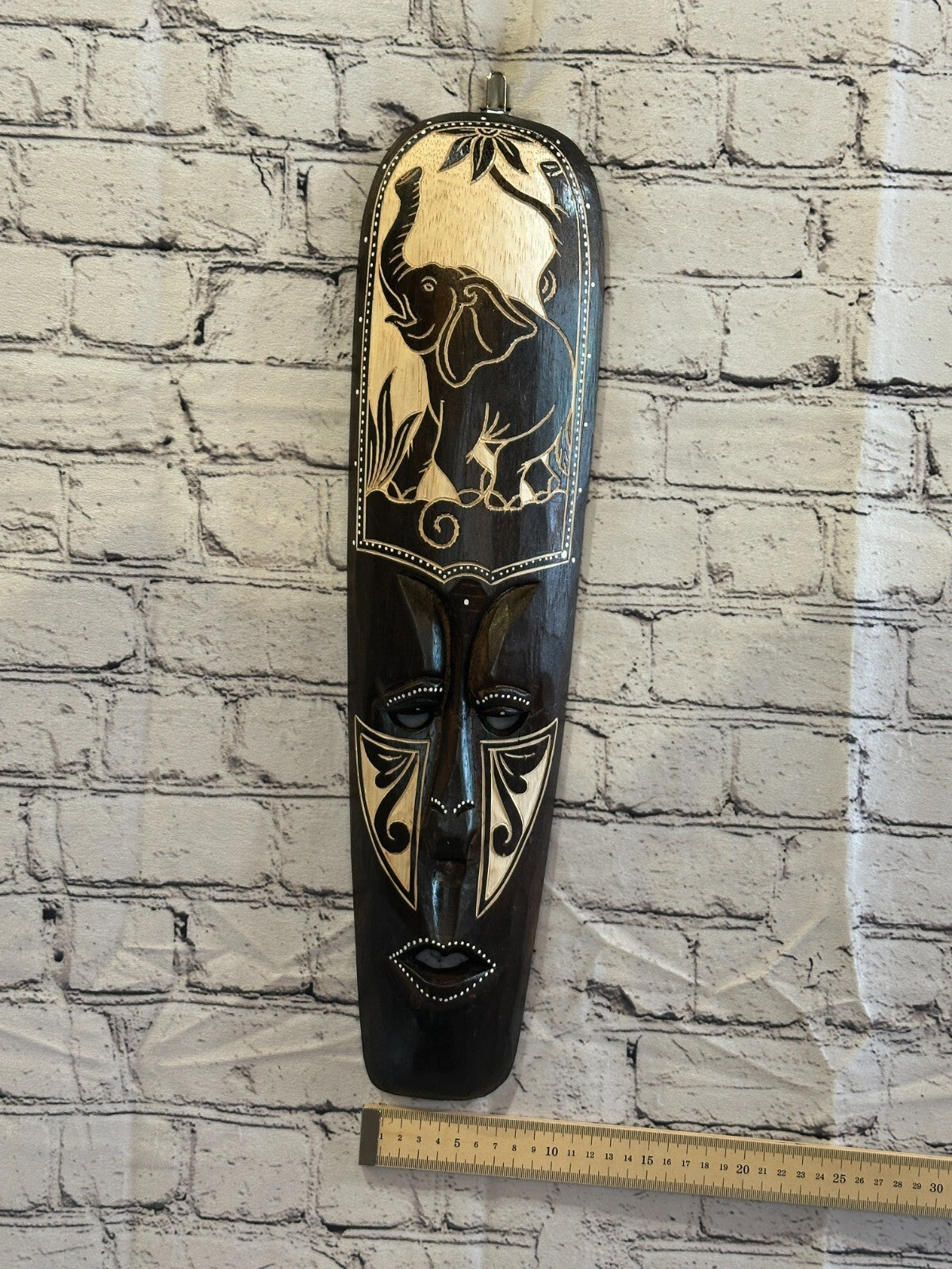50cm Elephant Mask Carved Wooden Brown Work Painted Ethnic Tribal Tiki Wall Art