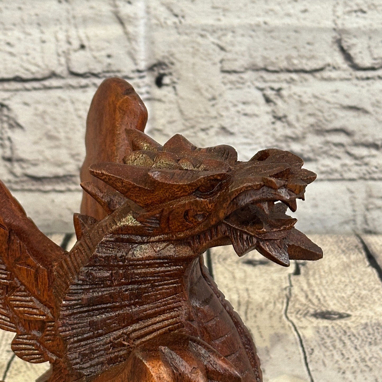 15cm x 15cm Dark Wooden Standing Dragon Carving Hand Carved Wing Back Dragon