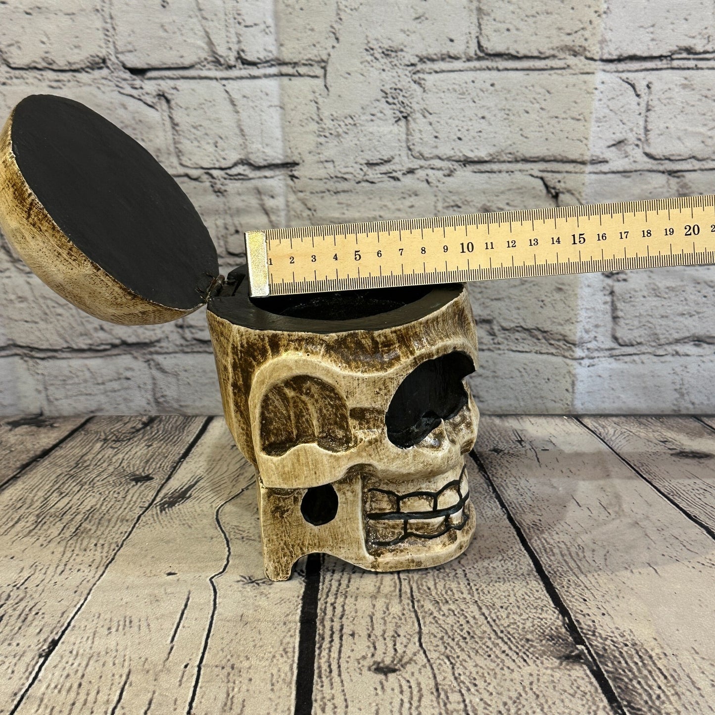 18cm x 12cm Shallow Wooden Gothic Skeleton Skull  Head Coffin Jewellery Box