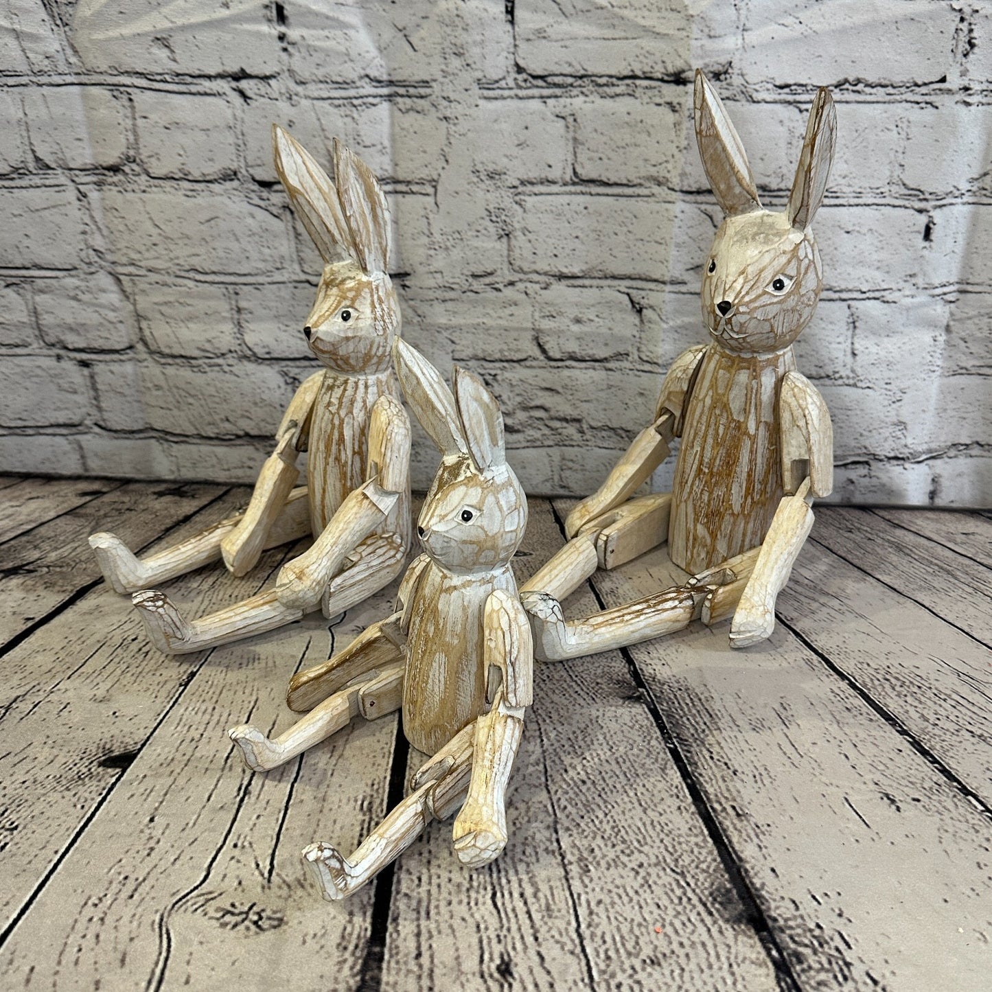 30cm Shabby White Rabbit Sitting Animal Wooden Shelf Ornament Handmade Fairtrade