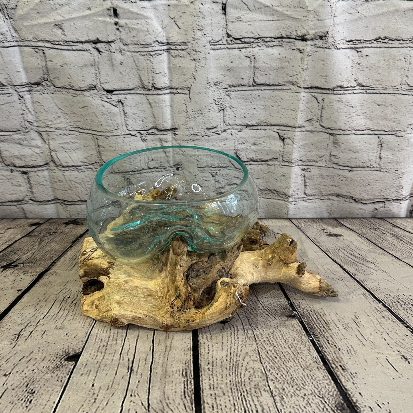 18cm x 25cm Molten Glass Round Bowl Natural Root Wood Base Stand Decor Ornament