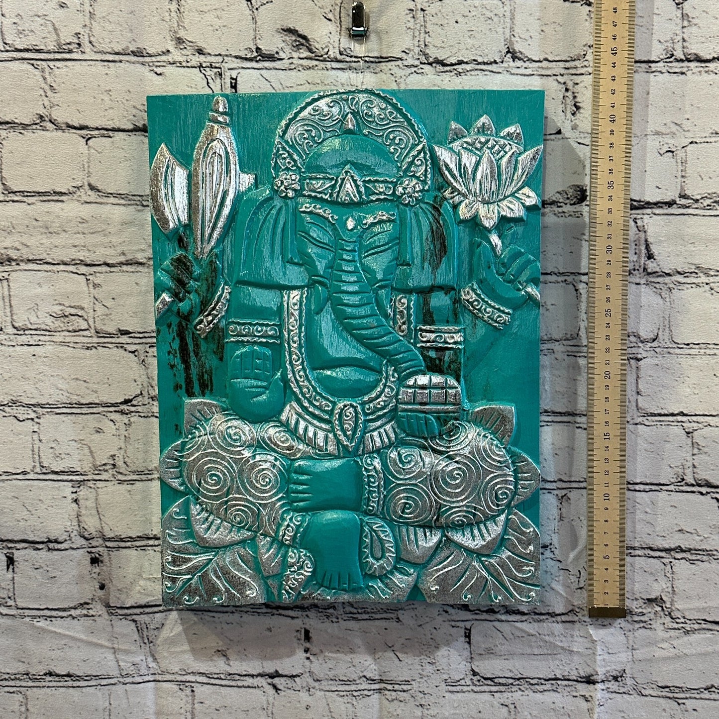 Wooden Wood Panel 40cm Brown Teal Ganesh Lotus Wall Art Plaque Handcarved