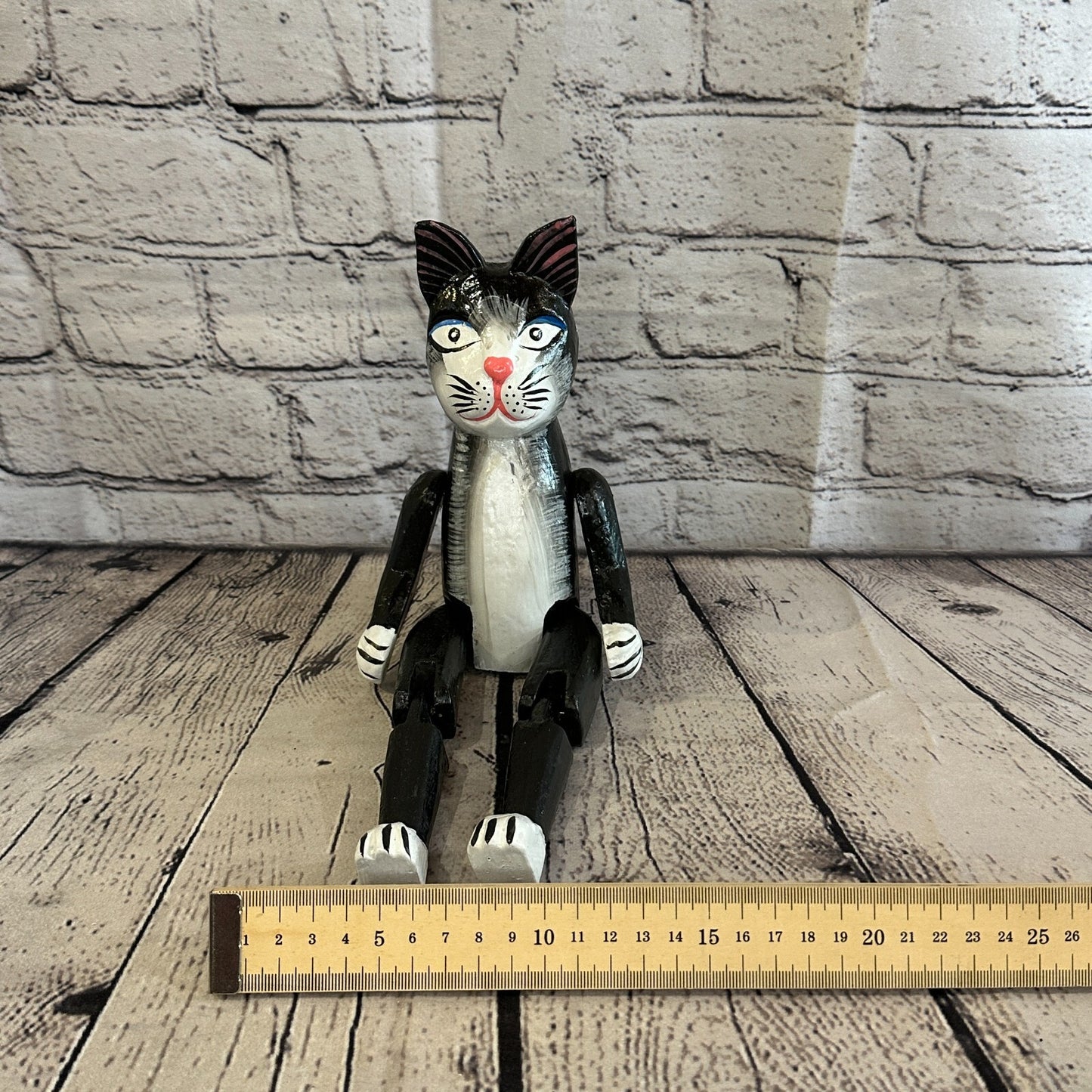 20cm Black Cat Sitting Animal, Wooden Shelf Ornament Handmade & Fairtrade