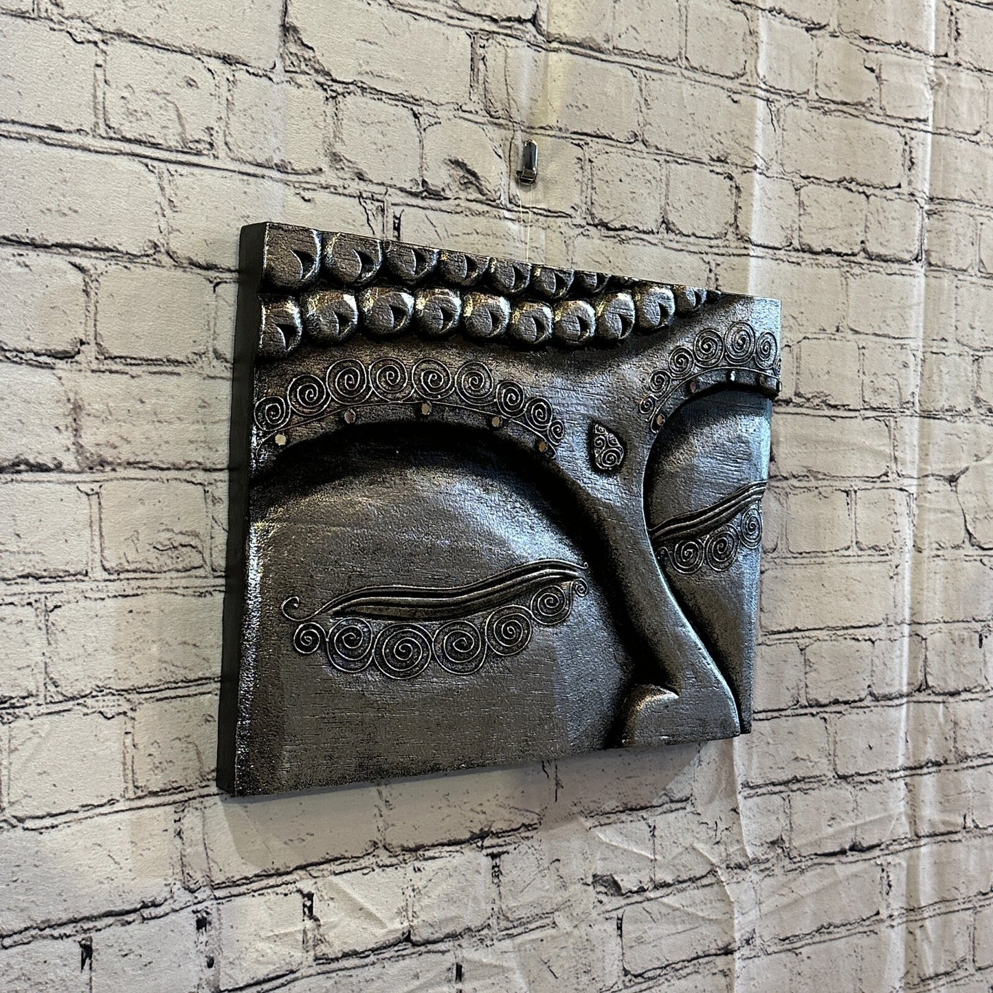 Wooden Wood Panel 40cm Brown Silver Buddha Eyes Lotus Wall Art Plaque Handcarved