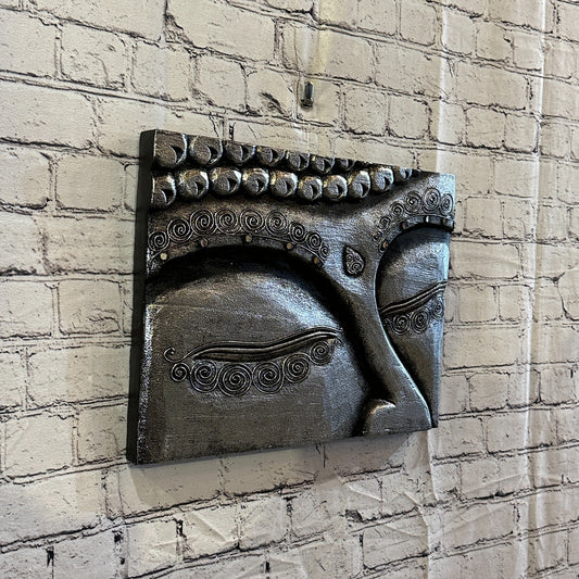 Wooden Wood Panel 40cm Brown Silver Buddha Eyes Lotus Wall Art Plaque Handcarved