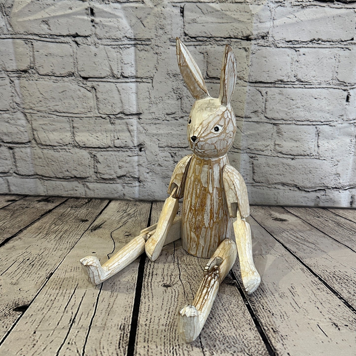 30cm Shabby White Rabbit Sitting Animal Wooden Shelf Ornament Handmade Fairtrade