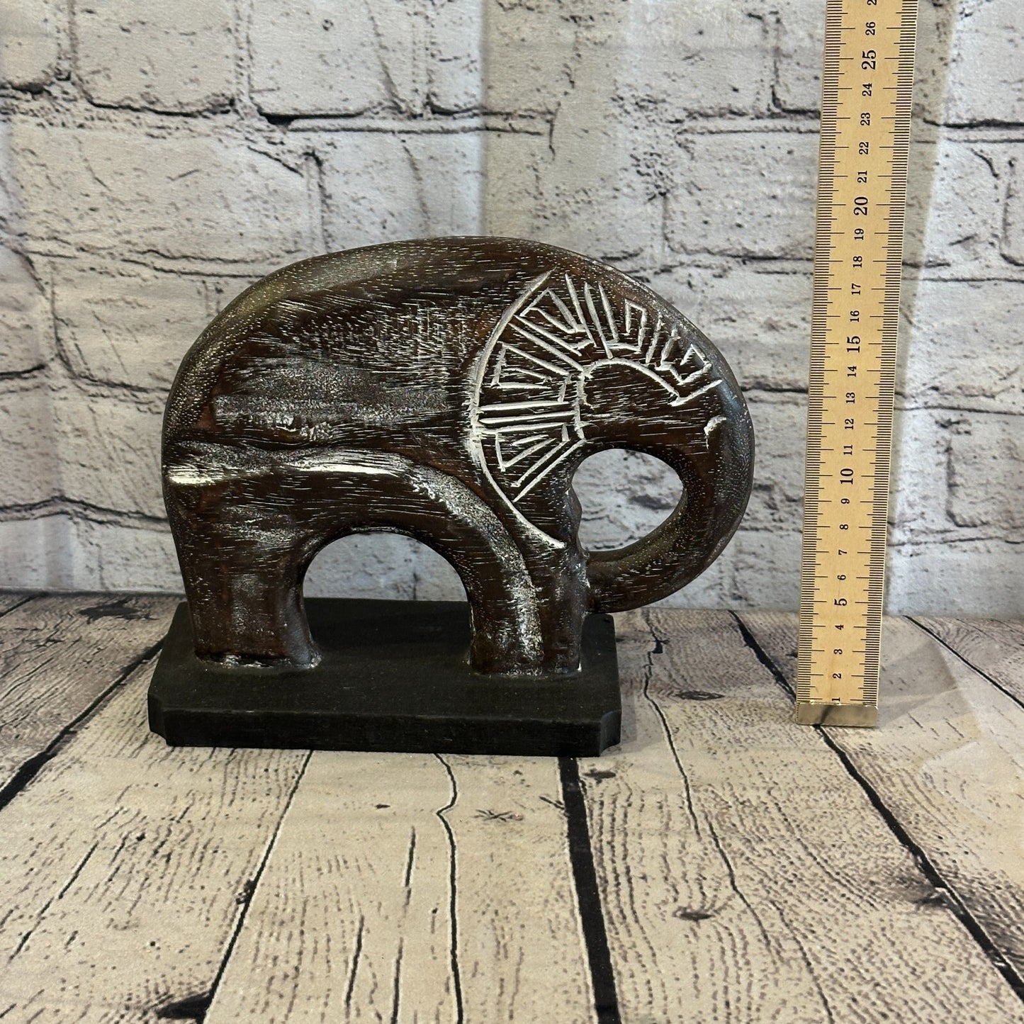 20cm x 20cm Wooden Tribal Primitive Black Elephant Round Stand Sculpture Statue