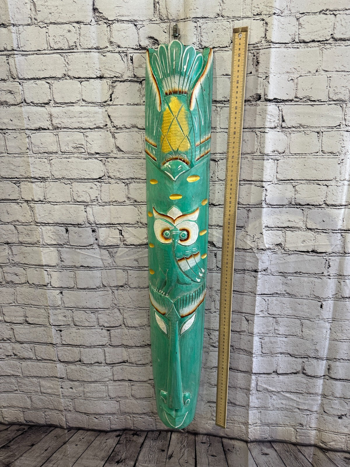 100cm Green Owl Hand Carved Fair Trade Wooden Animal Wall Art Hang Mask
