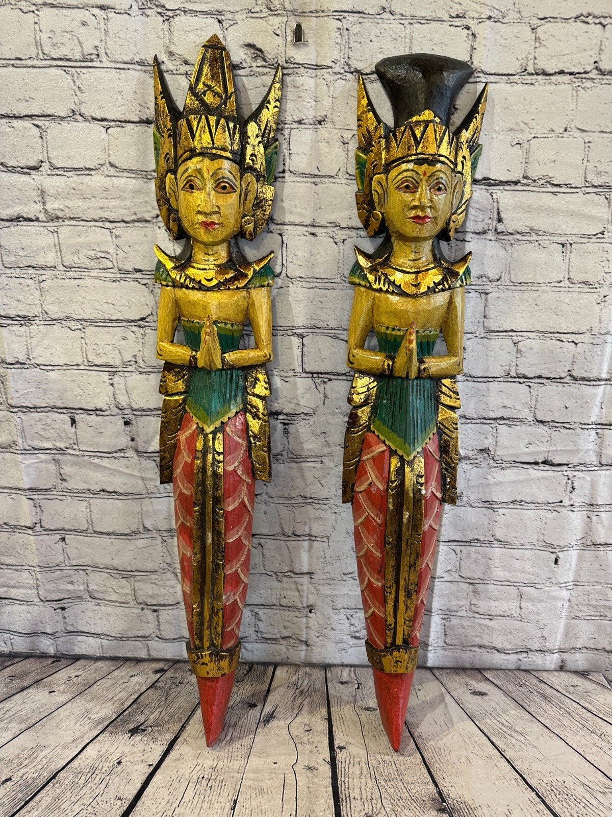 Old Antique Colour Sita Dewi Bali Rice Goddess Wings Mermaid Wood 80cm Pair