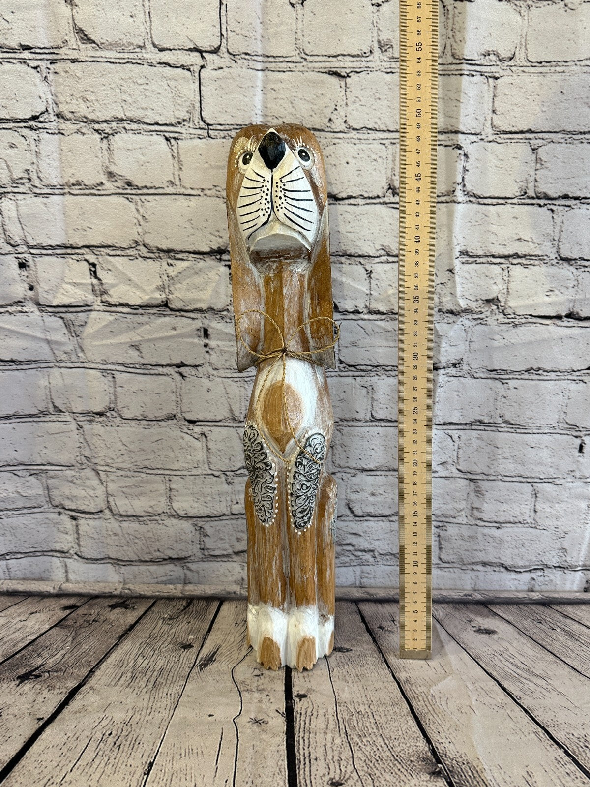 50cm Light Brown Flower Wooden Shabby Dog Statue Ornament Fair Trade Handcarved