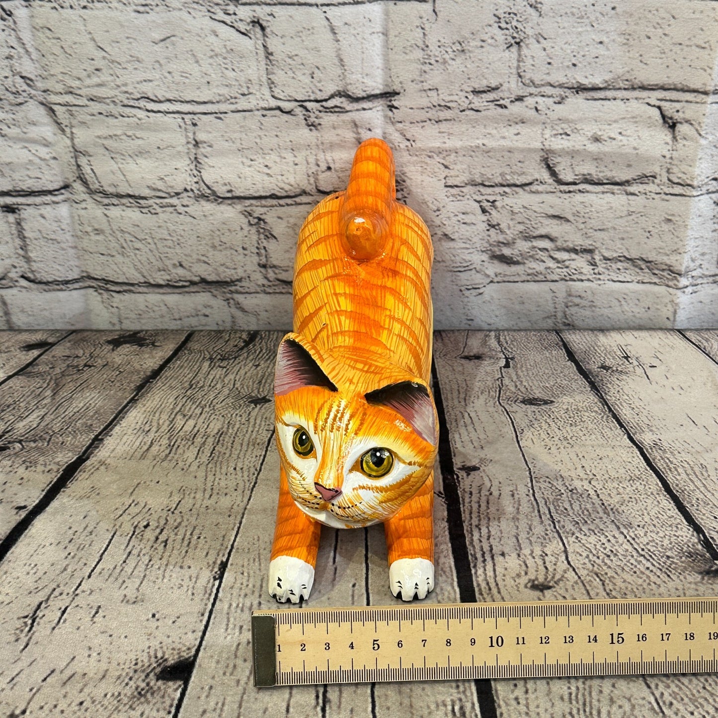 22cm x 14cm Orange Tabby Style Painted Wooden Hand Carved Stretching Cat Wooden