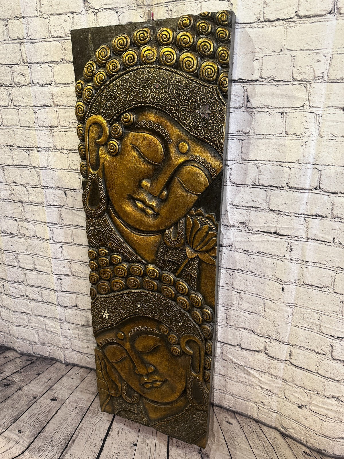 120cm x 40cm Tall Buddha 2 Faces Gold Wooden Wood Panel Wall Art Plaque