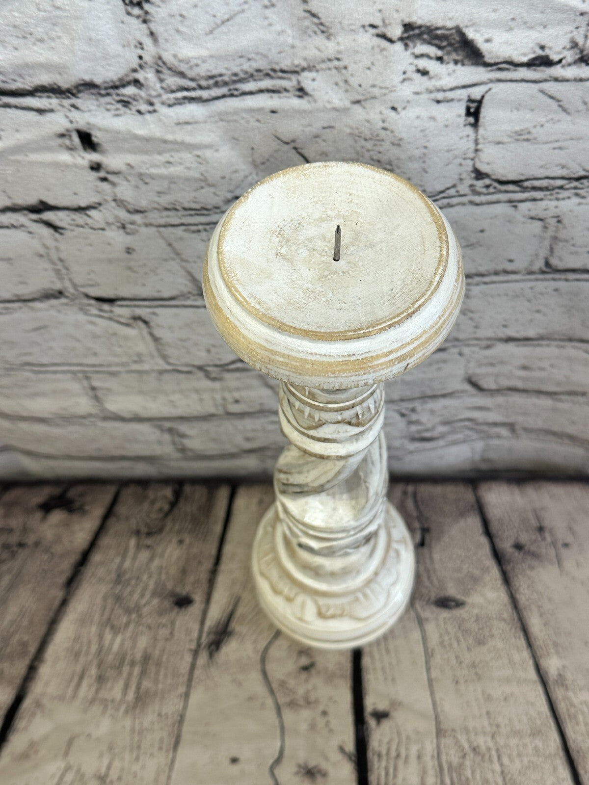 30cm White Tall Candlestick Shabby Chic Distressed Twist Column Candle Holder