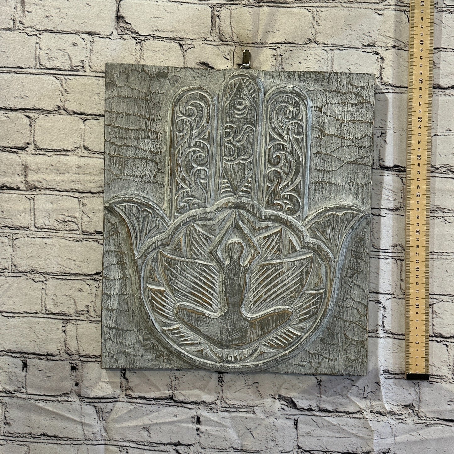 Hand Of Fatima Wooden Panel 40cm x 35cm Silver Grey Wall Art Plaque Handcarved