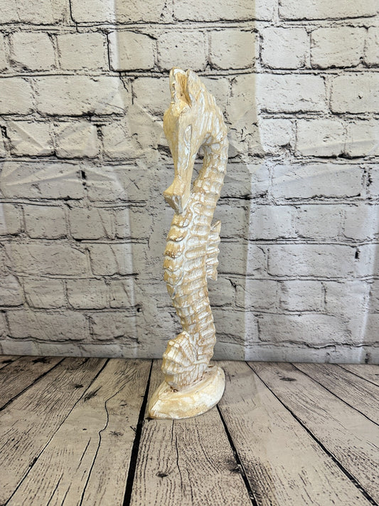 40cm White Plain Wooden Shabby Seahorse Statue Ornament Fair Trade Handcarved