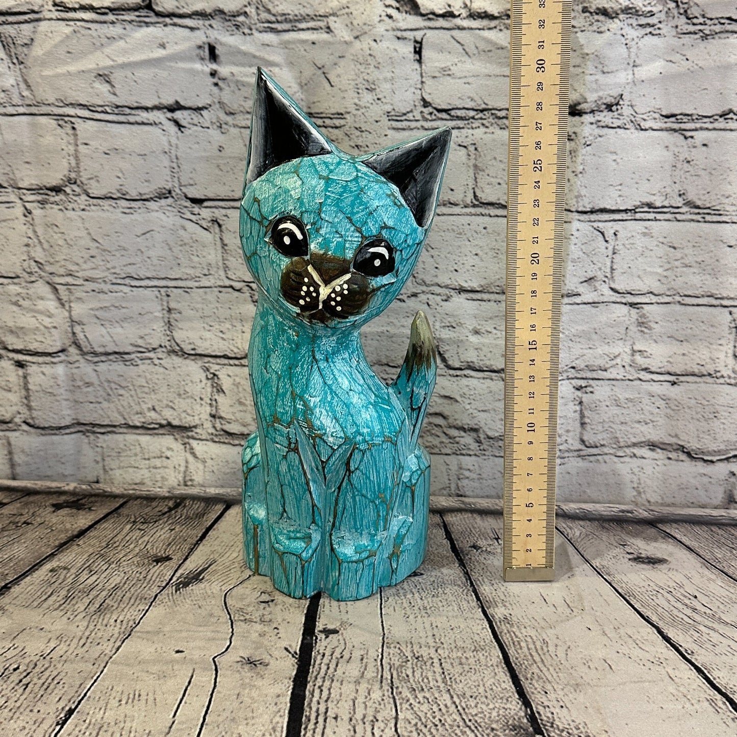 30cm x 12cm Green Flower Wooden Shabby Cat Statue Ornament Fair Trade Handcarved