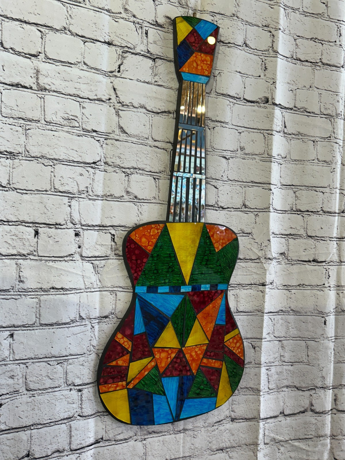 Bright Rainbow Guitar Mosaic Tile Wall Mirror 80cm x 25cm Handmade New