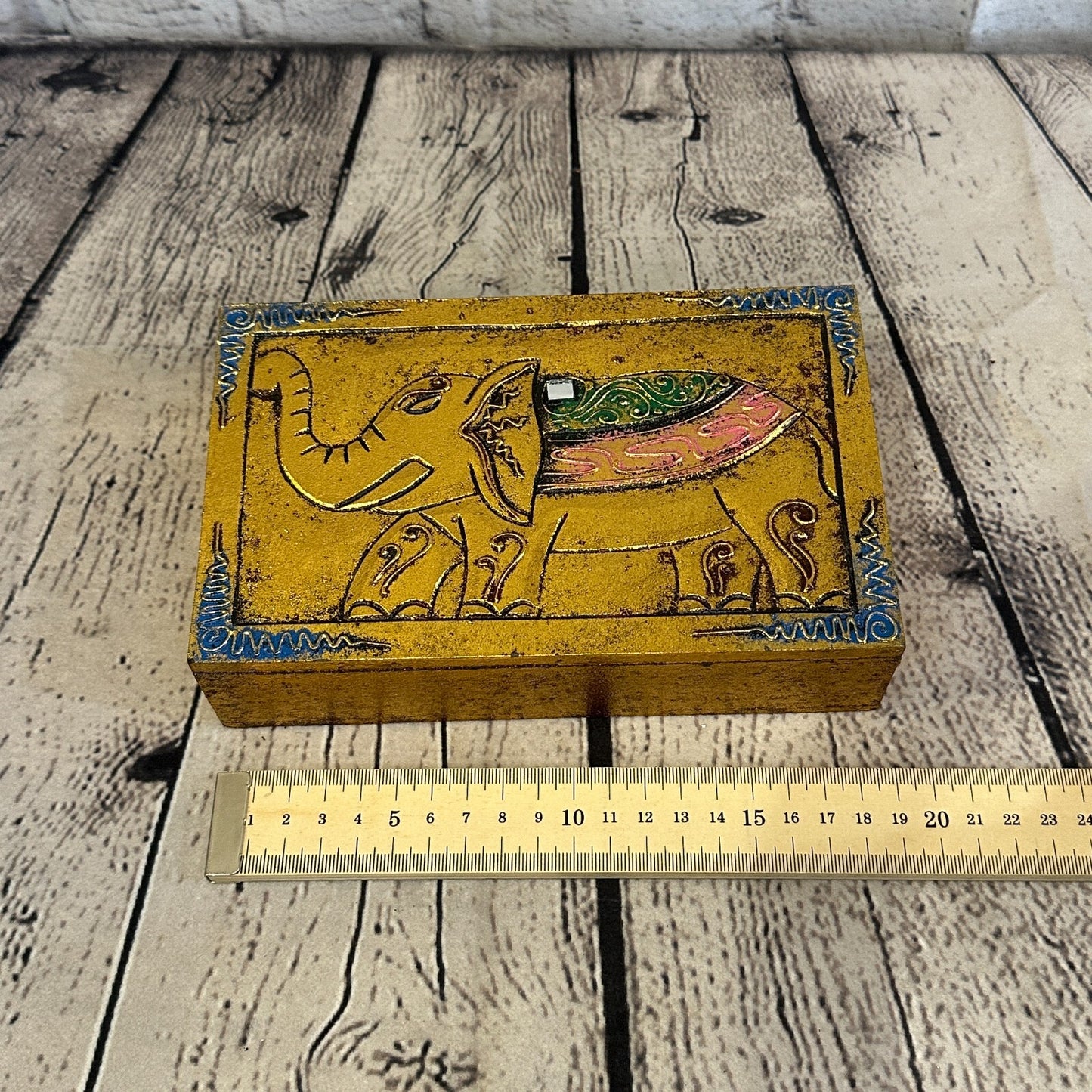 Bright Gold Thai Plain Elephant 20cm x 12cm x 5cm Wooden Box Trinket Handmade