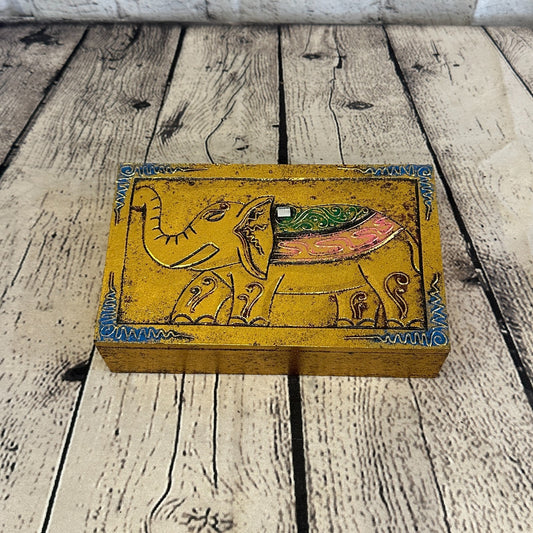 Bright Gold Thai Plain Elephant 20cm x 12cm x 5cm Wooden Box Trinket Handmade