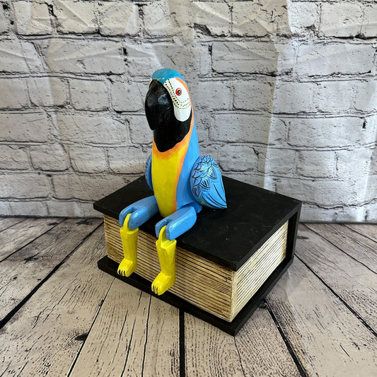 20cm Blue Parrot Sitting Animal, Wooden Shelf Ornament Handmade & Fairtrade