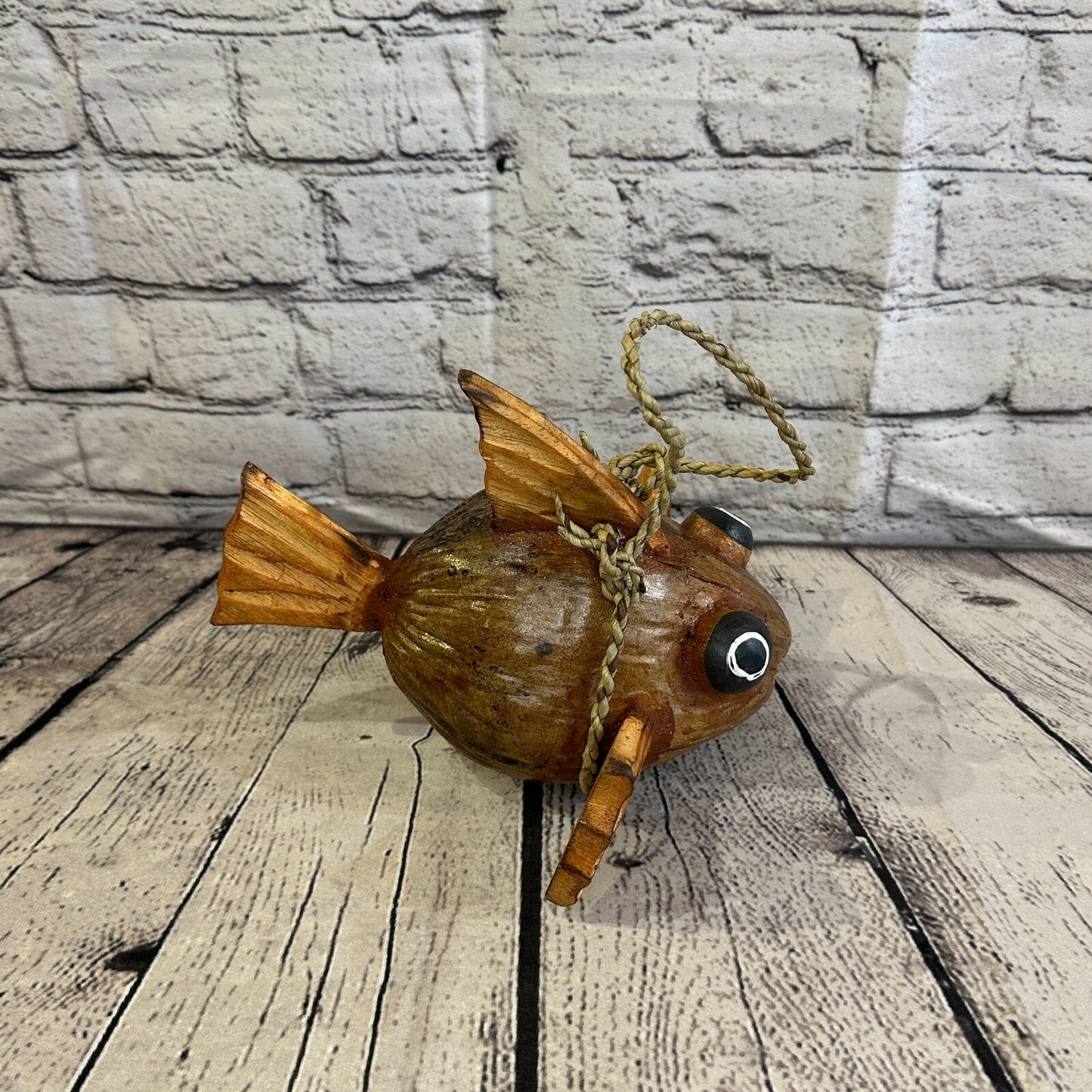Plain Brown Folk Art Hand Painted Puffer Fish Coconut Shell Ornaments Hanging