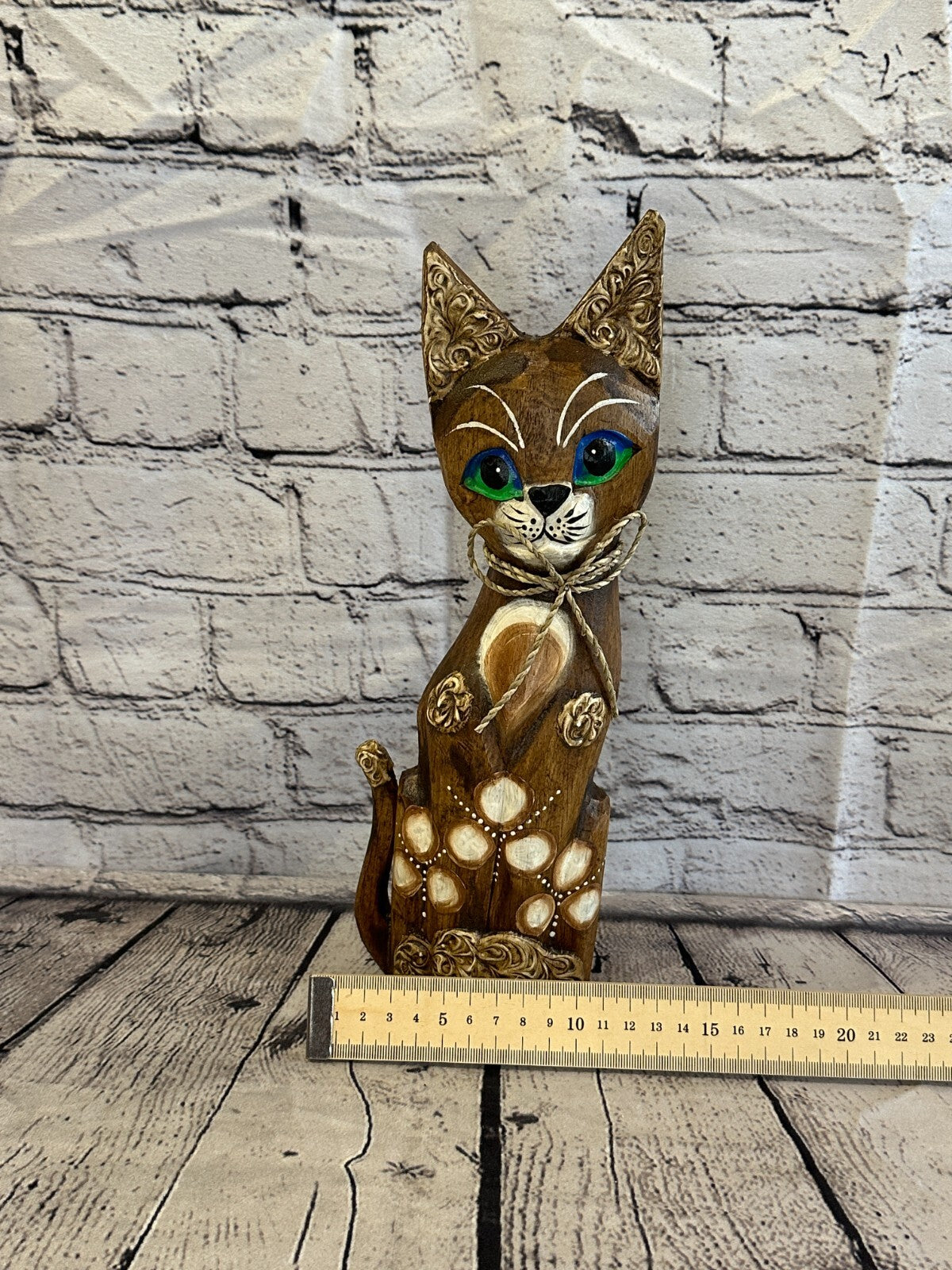 30cm Brown Swirl Flower Wooden Shabby Cat Statue Ornament Fair Trade Handcarved