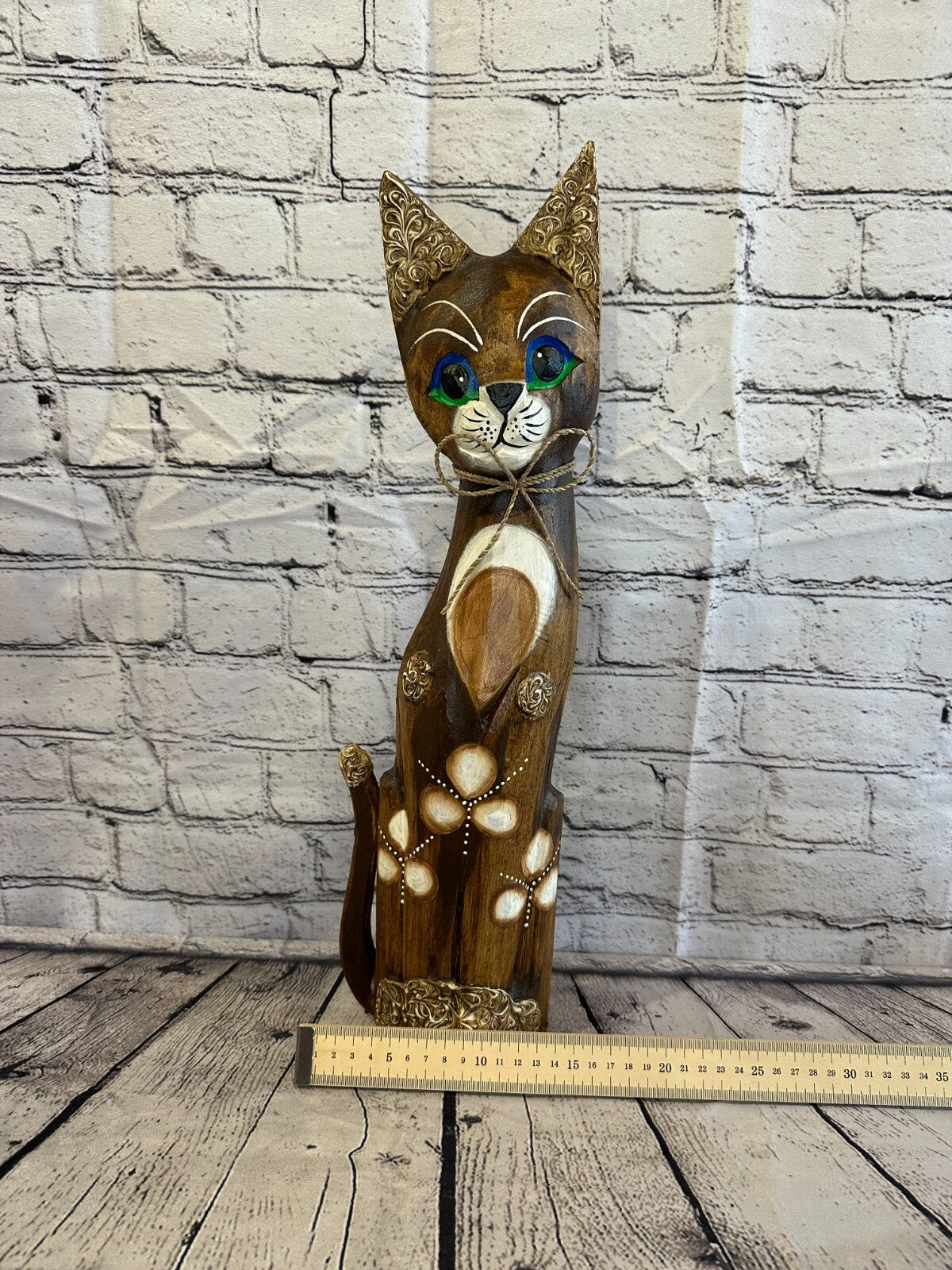 50cm Brown Swirl Flower Wooden Shabby Cat Statue Ornament Fair Trade Handcarved