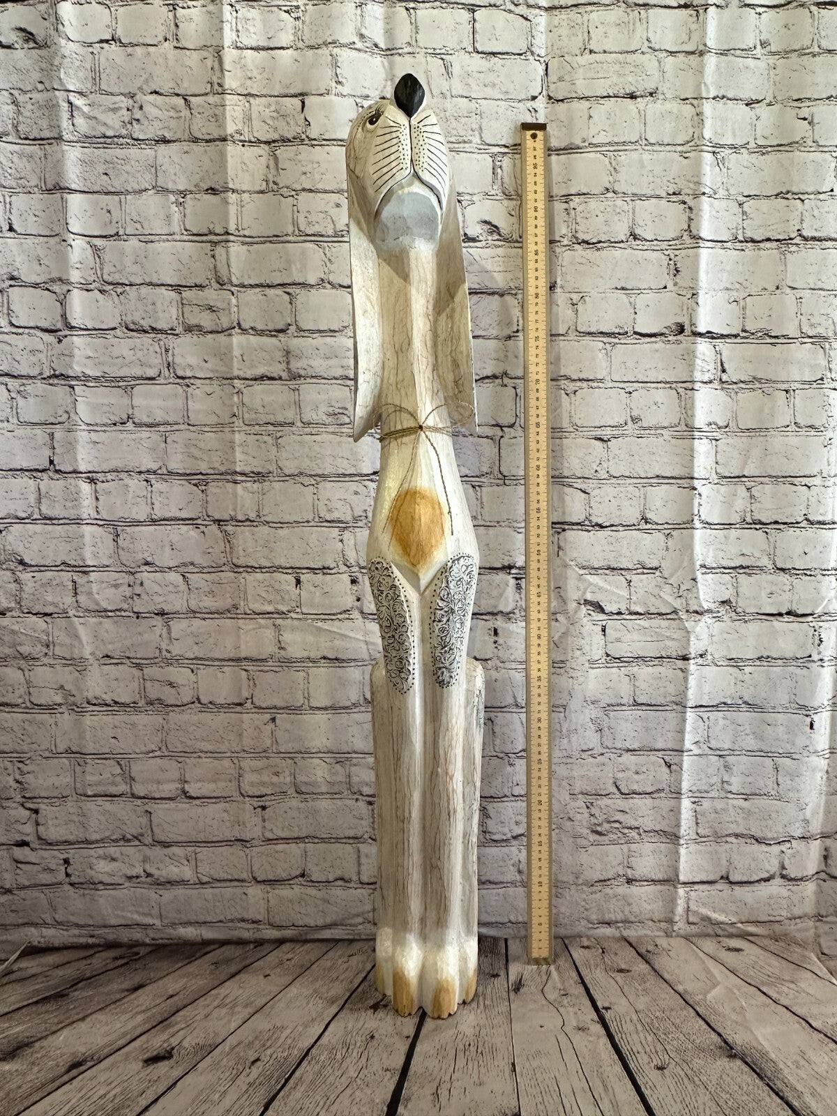 100cm White Flower Wooden Shabby Dog Statue Ornament Fair Trade Handcarved