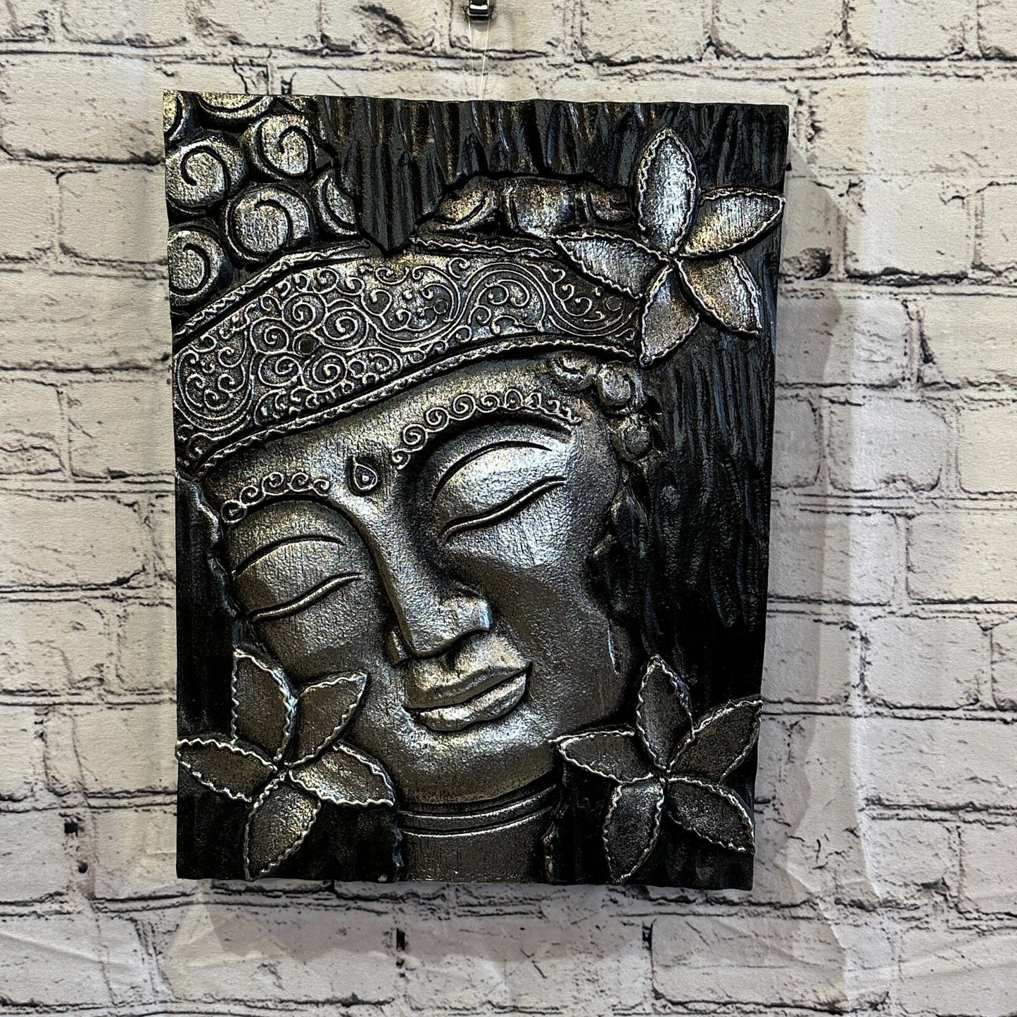Wooden Wood Panel 40cm Brown Silver Buddha Hibiscus Wall Art Plaque Handcarved