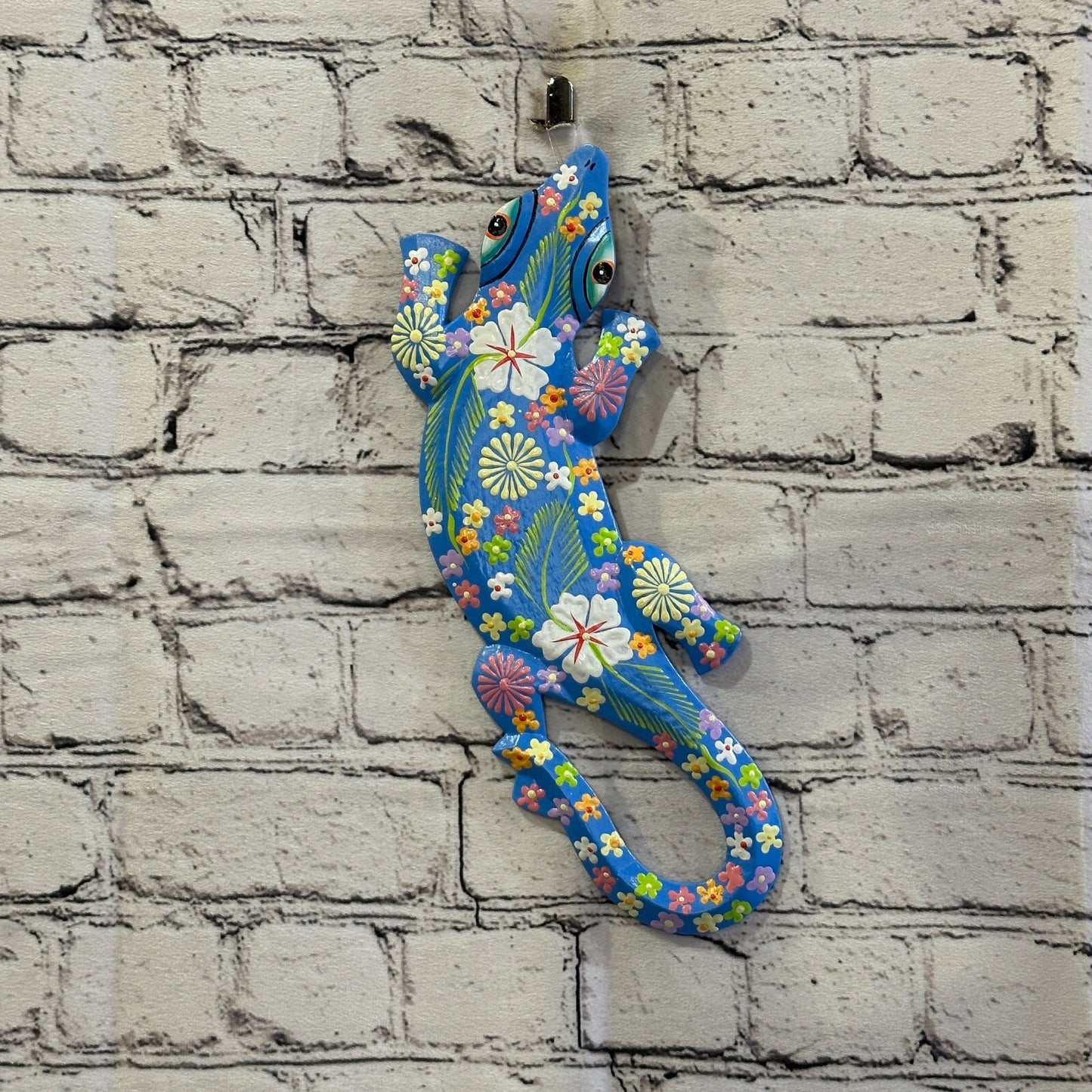 30cm Gecko Lizard Blue Flower Wood Wall Hanging Wooden Ornaments Carving