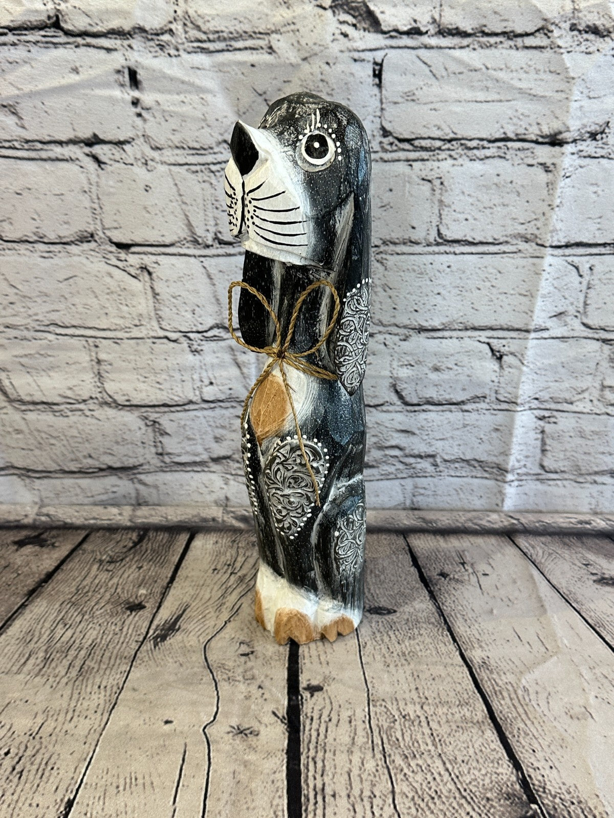 30cm Grey Flower Wooden Shabby Dog Statue Ornament Fair Trade Handcarved