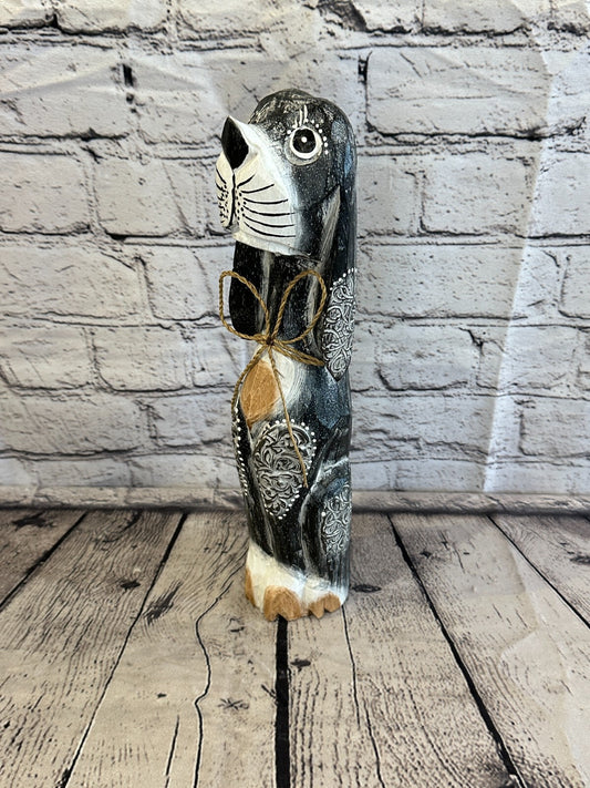 30cm Grey Flower Wooden Shabby Dog Statue Ornament Fair Trade Handcarved