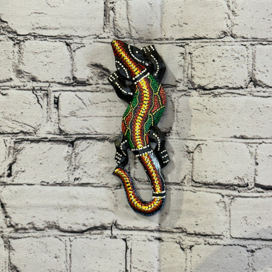 20cm Gecko Carved Wooden Dot Painted Ethnic Tribal Tiki Wall Handmade No 13