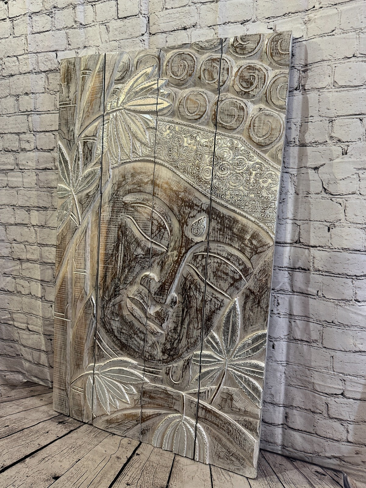 100cm x 60cm Buddha White Panel Wooden Wood Panel Wall Art Plaque Handcarved