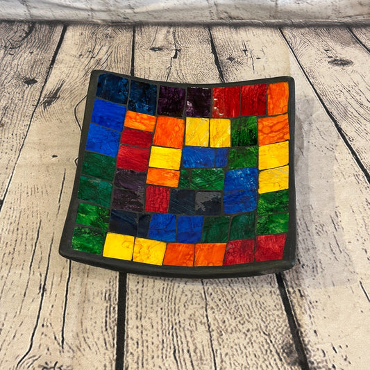 20cm Rainbow Blocks Square Mosaic Handmade Ceramic Glass Tile Bowl Fruit