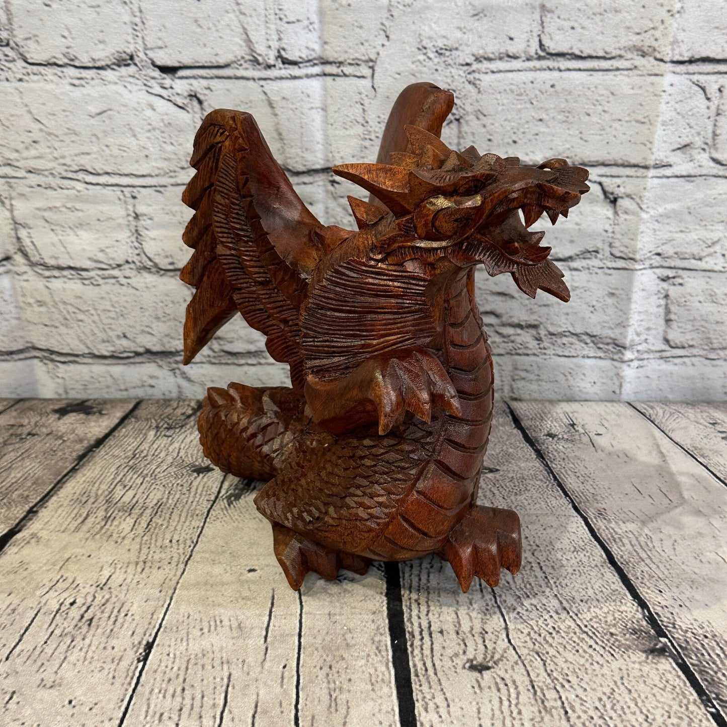 20cm x 20cm Dark Wooden Standing Dragon Carving Hand Carved Wing Back Dragon
