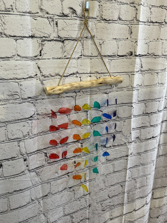 45cm x 25cm Rainbow Wind Recycled Glass Driftwood Handmade Garden Home Mobile