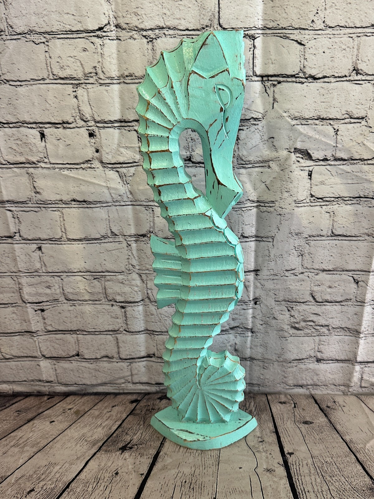 60cm Green Plain Wooden Shabby Seahorse Statue Ornament Fair Trade Handcarved
