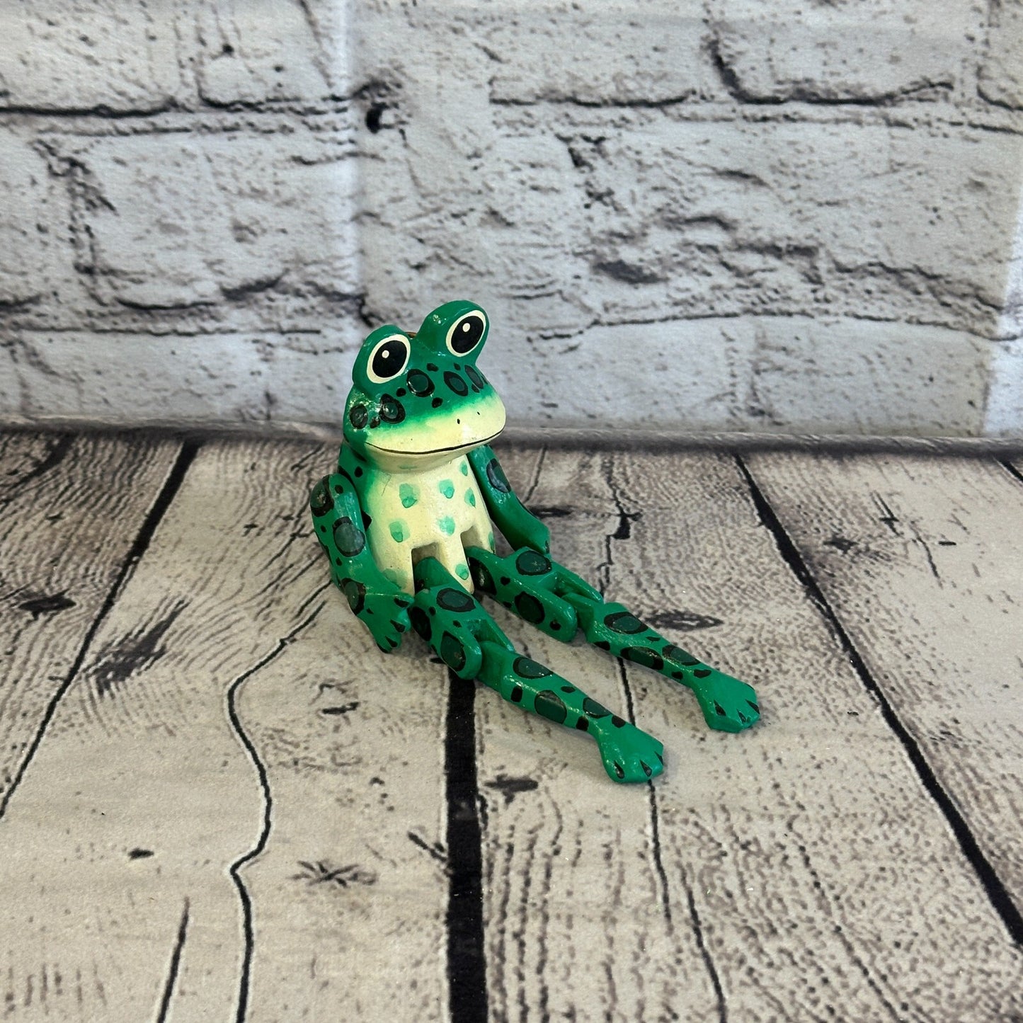 10cm Green Frog Sitting Animal, Wooden Shelf Ornament Handmade and Fairtrade
