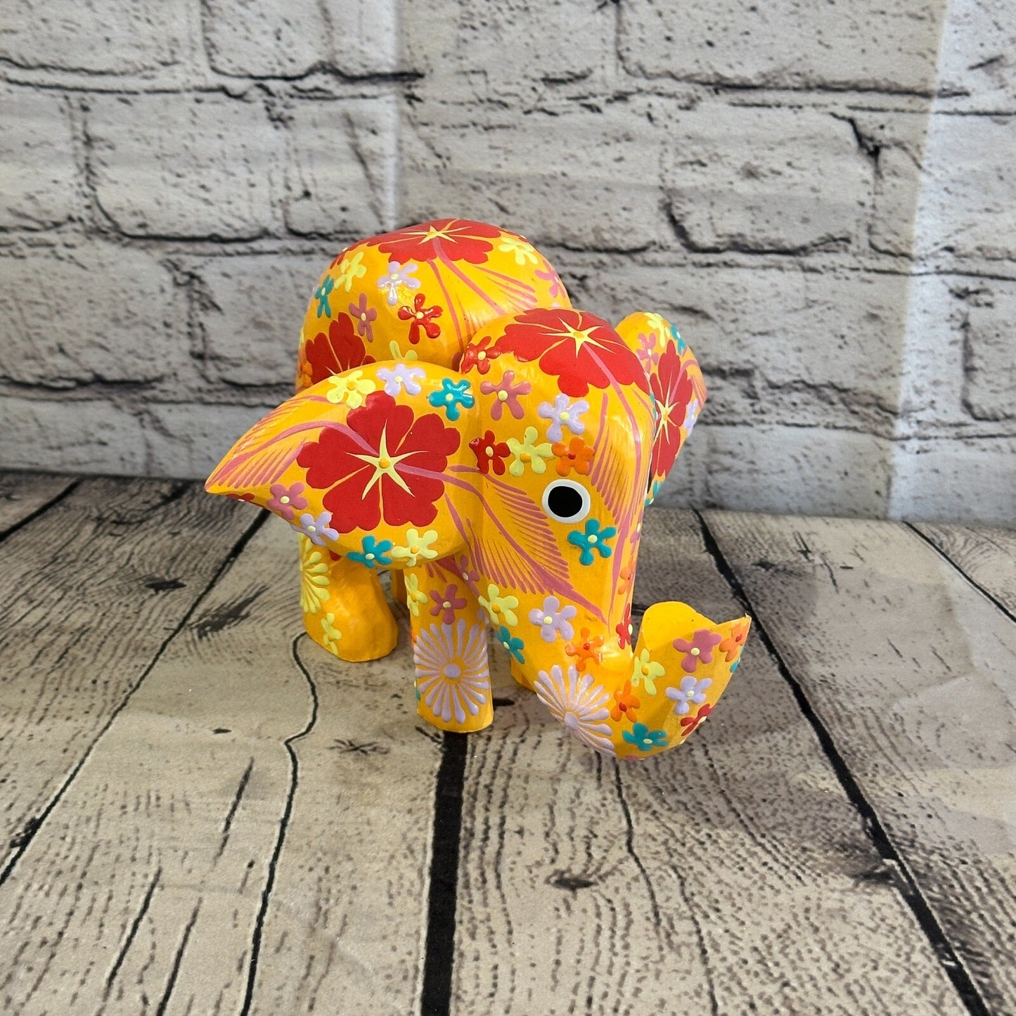 Orange Wooden Elephant With Flower Pattern 15cm x 18cm Handmade and Fairtrade