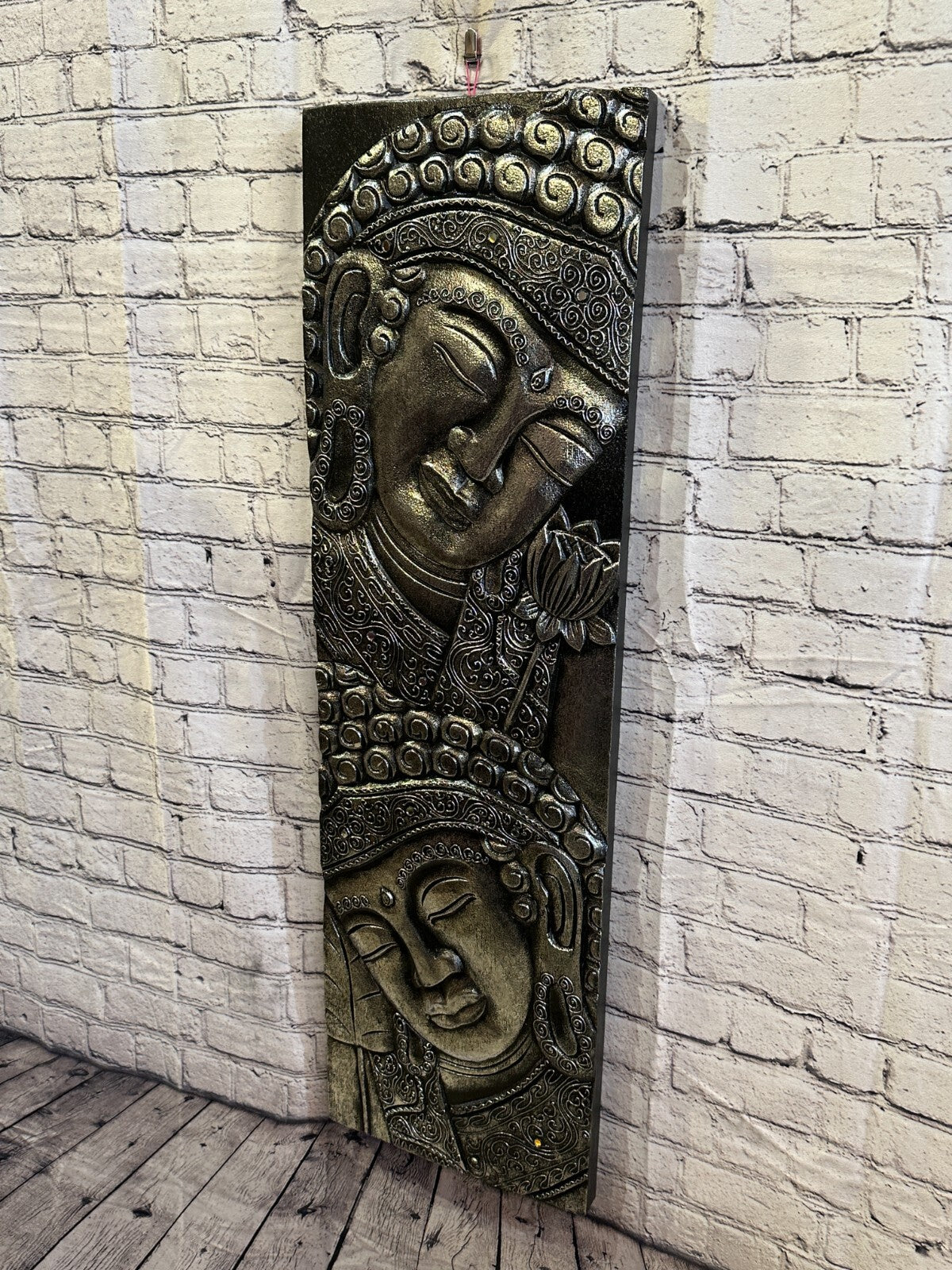 100cm x 30cm Tall Buddha 2 Faces Silver Wooden Wood Panel Wall Art Plaque