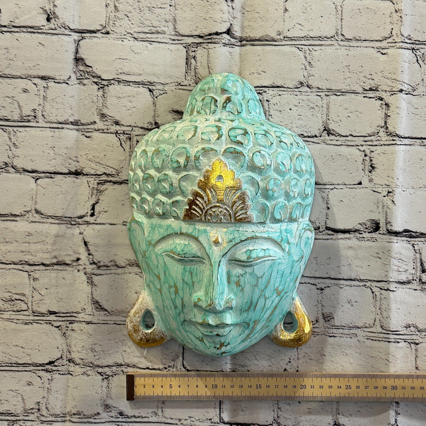 30cm x 20cm Green Buddha Head Mask Wooden Hanging Statue Figurine Ornament