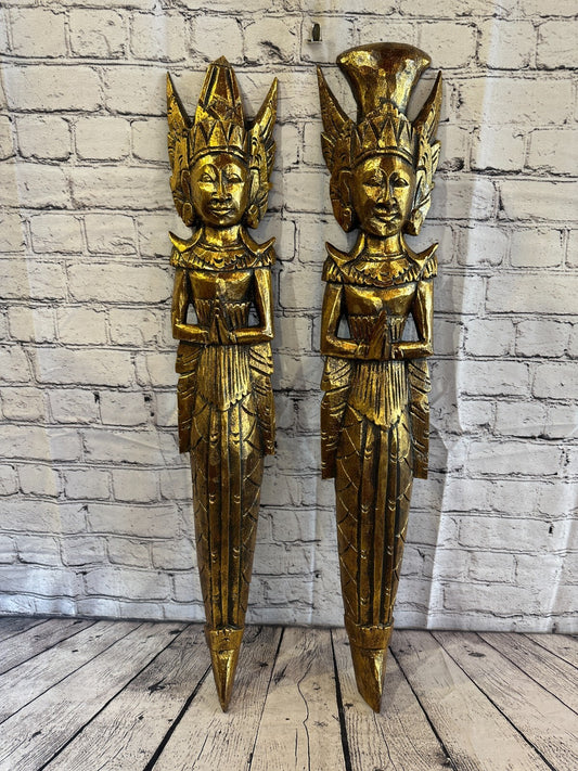 Gold Antique Colour Sita Dewi Bali Rice Goddess Wings Mermaid Wood 80cm Pair